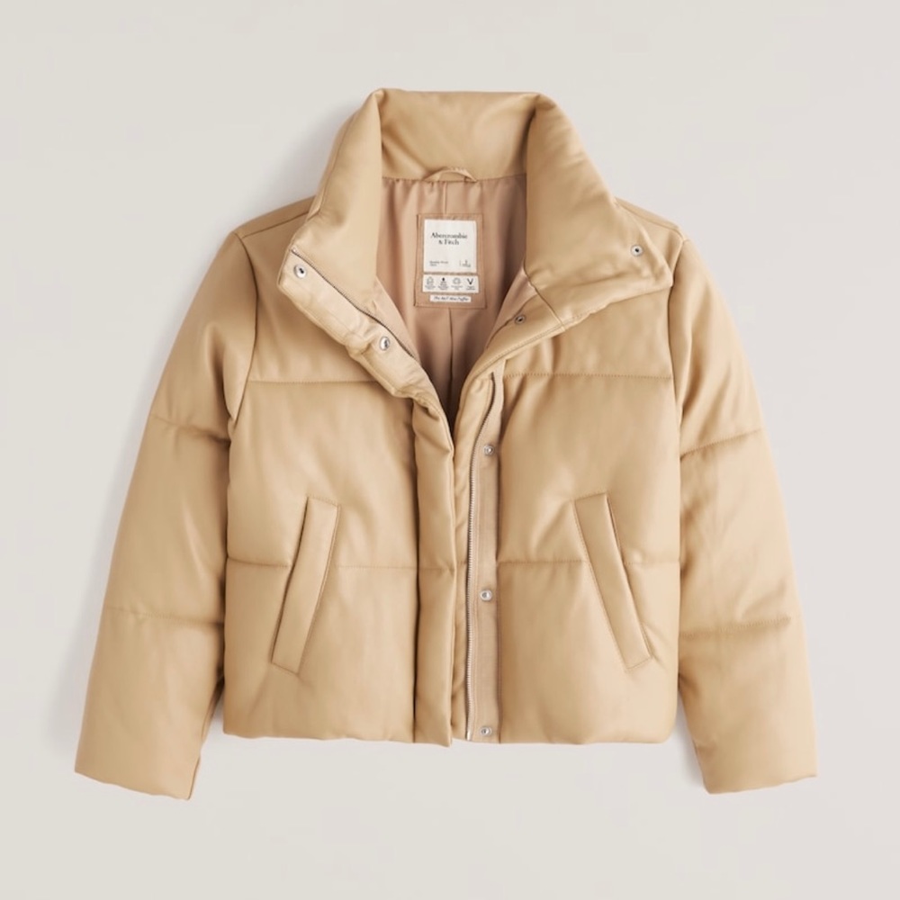 A&F Vegan Leather Tan Puffer Coat - XS